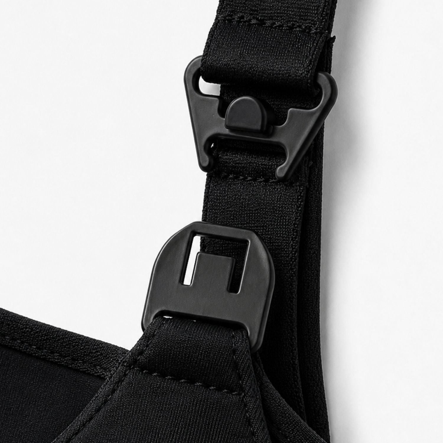 Close-up of black straps with buckles on a white background