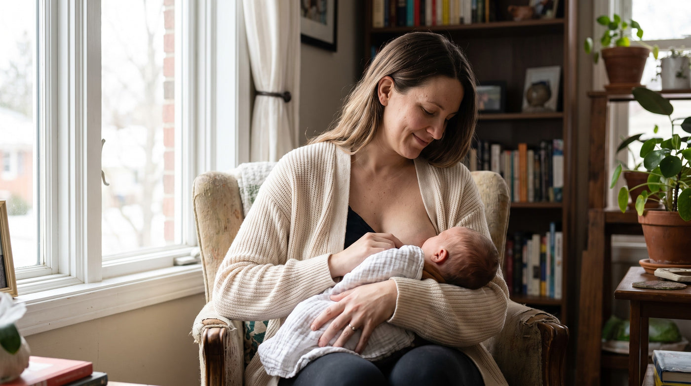 Mother feeding her newborn in a chair by the window, the baby's chin pressed into the breast