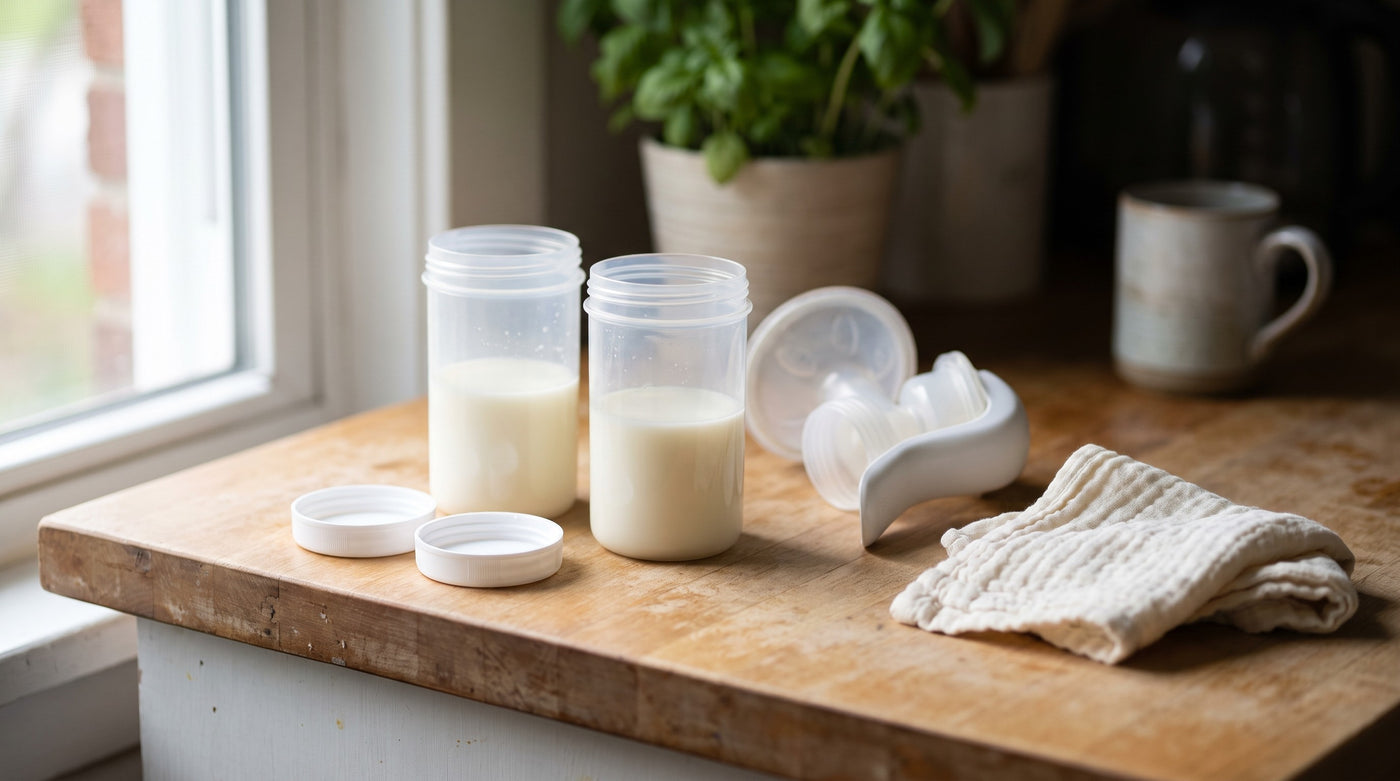 Bottles of expressed breast milk cooling on a kitchen counter next to a pump