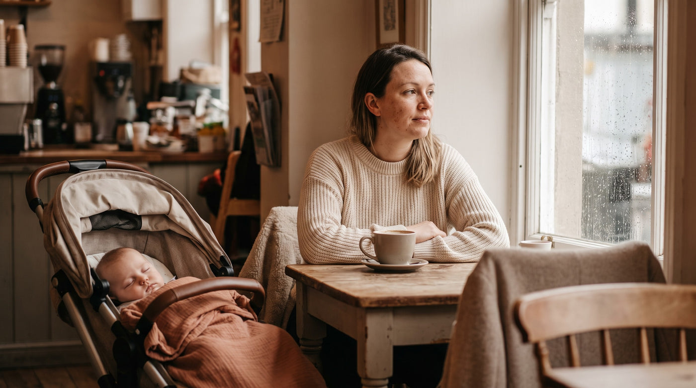Woman with a coffee at a cafe table, her baby asleep in the pram beside her