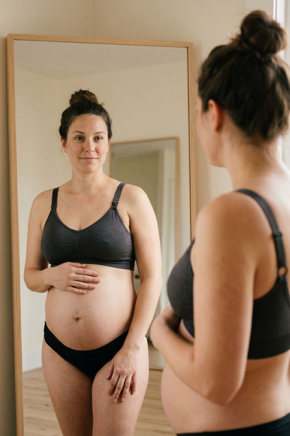 Mother in mirror, checking the fit