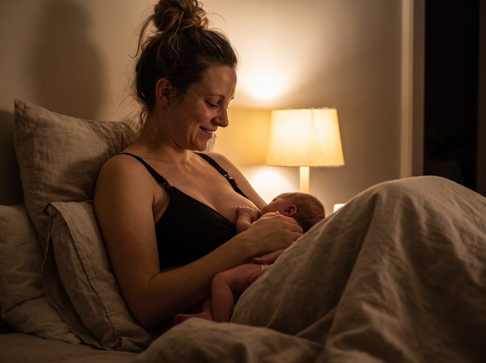 Mutter stillt ihr Baby nachts im Vemorina Still-BH