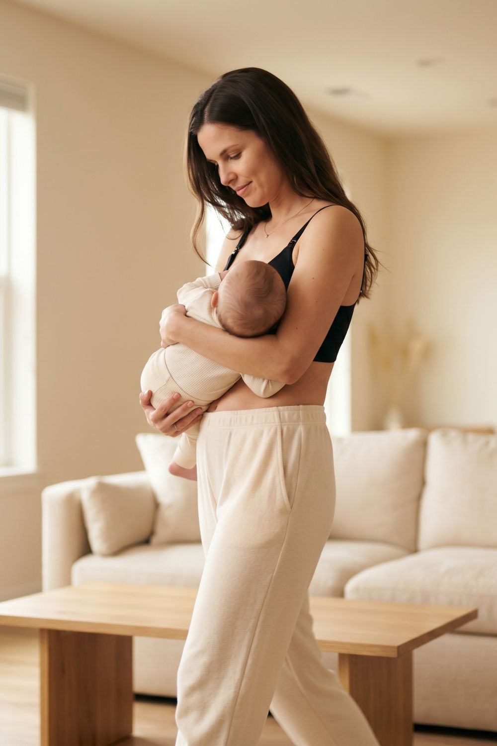 Mother walking with baby at home