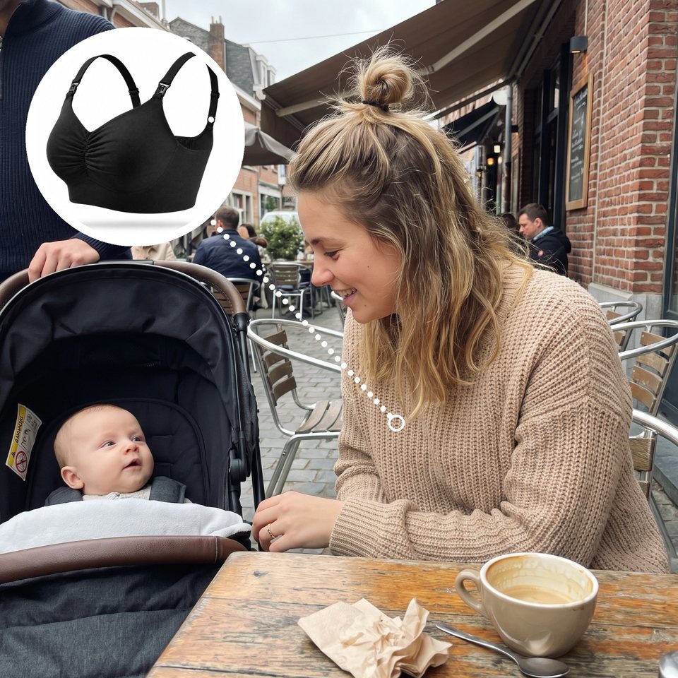 Mutter unterwegs, der Still-BH unsichtbar unter ihrem Shirt
