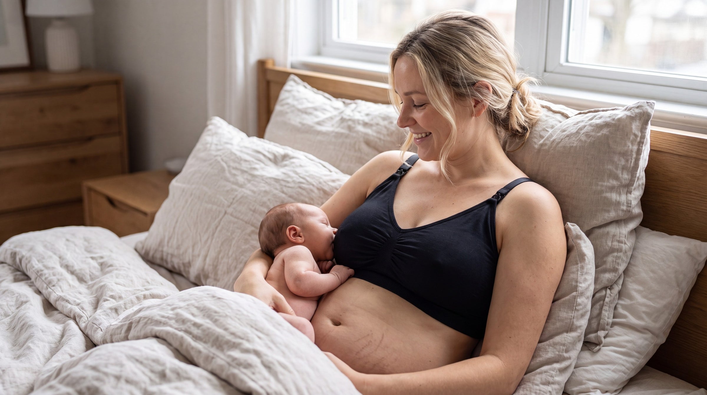A mother breastfeeding her newborn in a relaxed laid-back position in bed