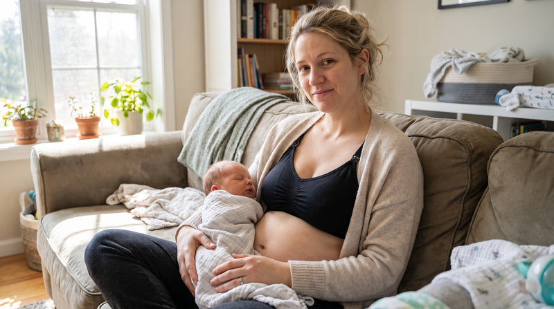 A mother holding her newborn baby on the sofa