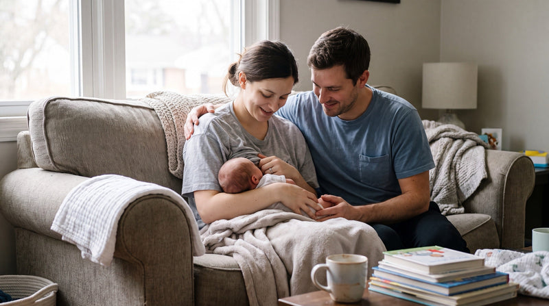 A partner sits close beside a mother on the sofa, his arm around her shoulders, both looking down tenderly at the baby she is breastfeeding in a calm, supportive home moment