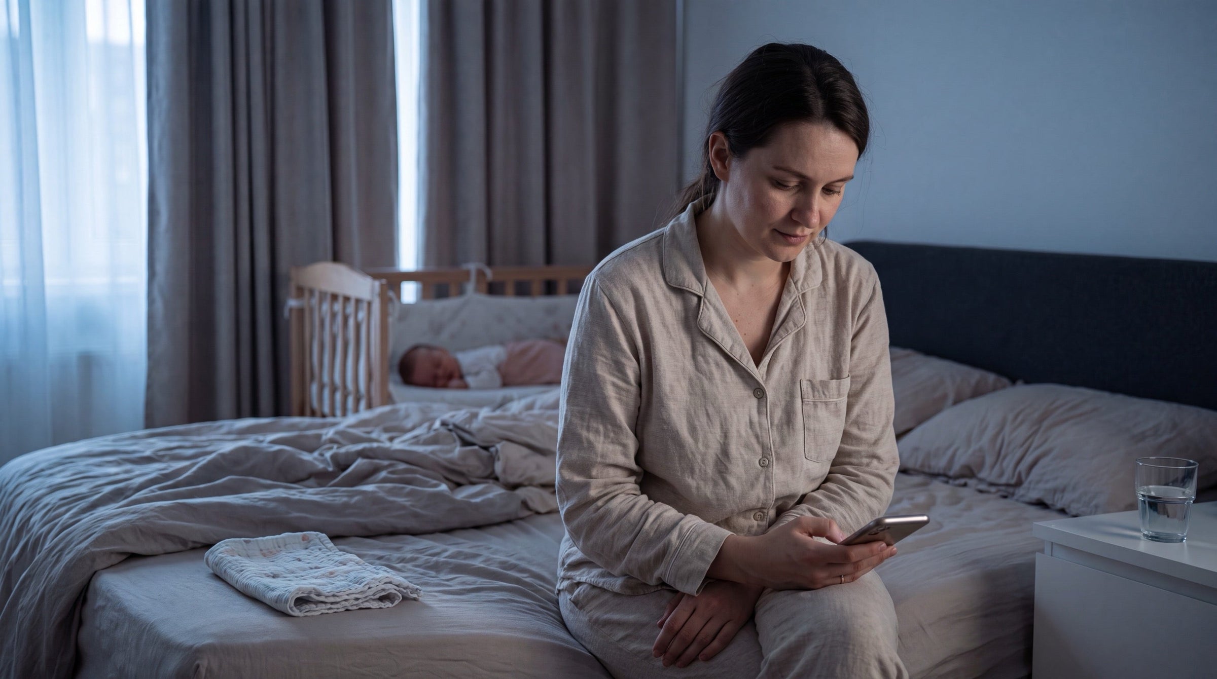 New mother sitting on the edge of an unmade bed at dawn, looking at her phone for reassurance about when breast leaking stops, her newborn asleep in a bedside crib