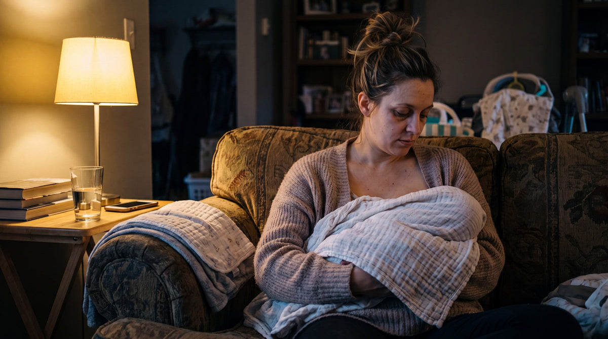A tired but tender young mother breastfeeding her newborn late in the evening in a lived-in living room, lit by a single warm lamp