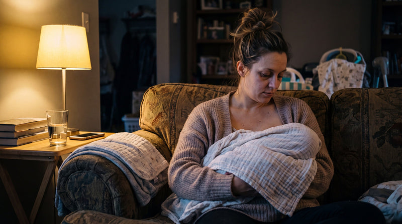 A tired but tender young mother breastfeeding her newborn late in the evening in a lived-in living room, lit by a single warm lamp