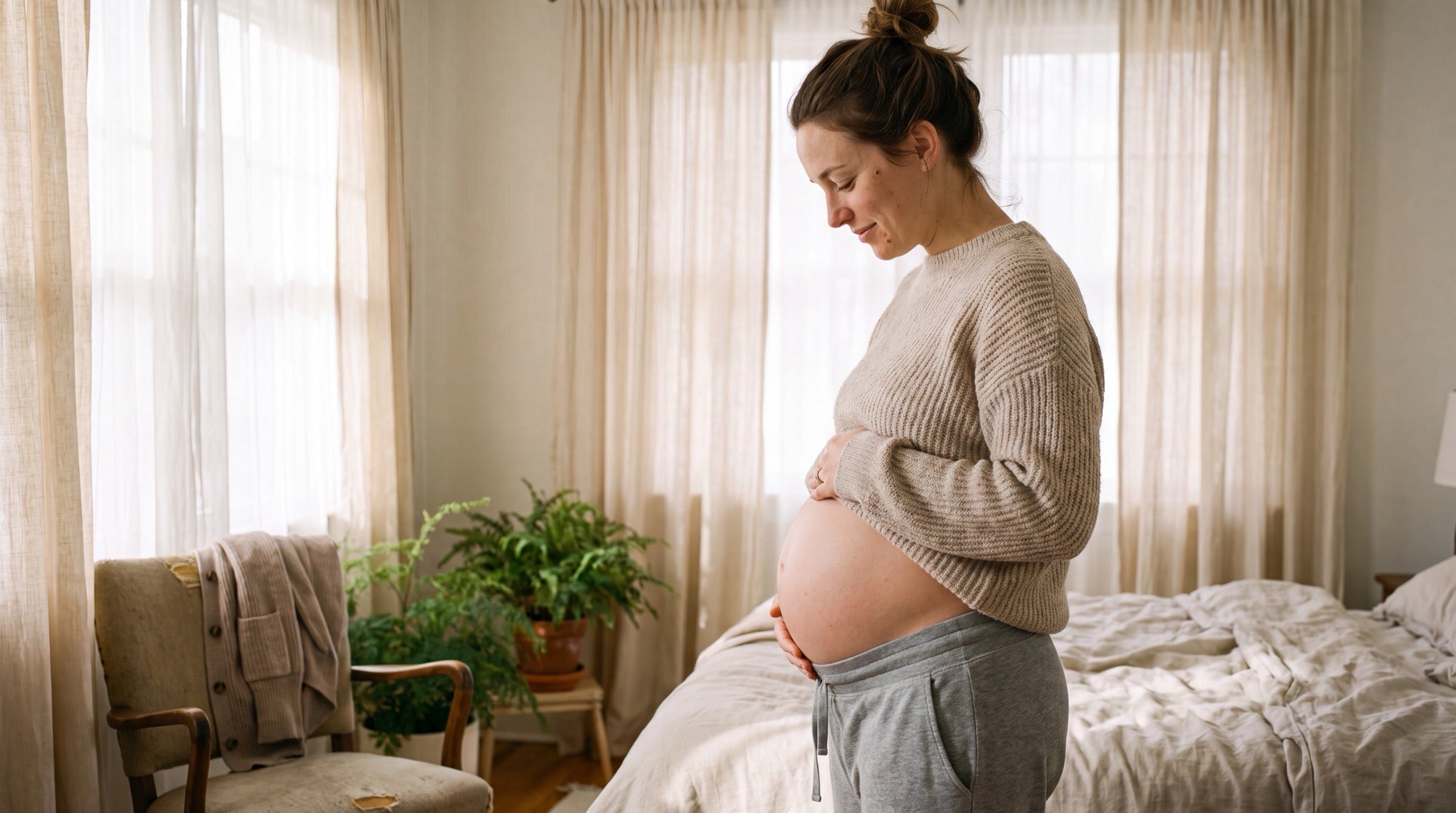 A calm, heavily pregnant woman standing by a window in a warm, lived-in bedroom in late pregnancy, gently cradling her bare belly with both hands