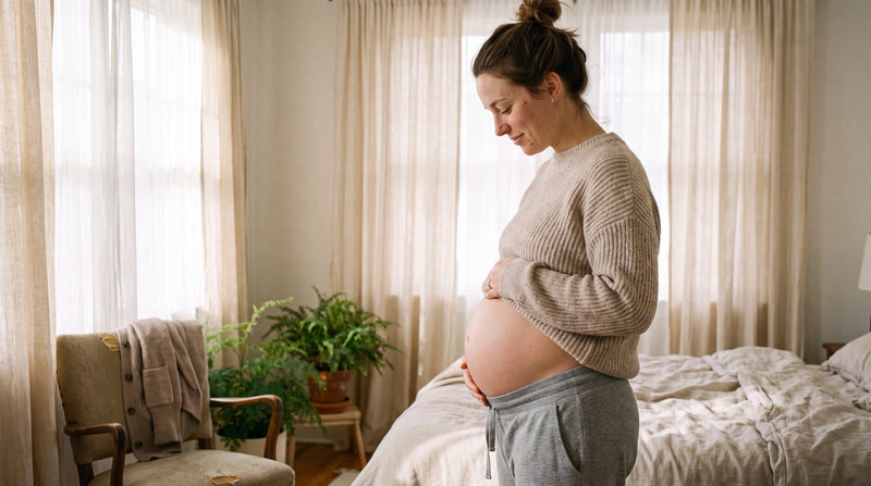 A calm, heavily pregnant woman standing by a window in a warm, lived-in bedroom in late pregnancy, gently cradling her bare belly with both hands
