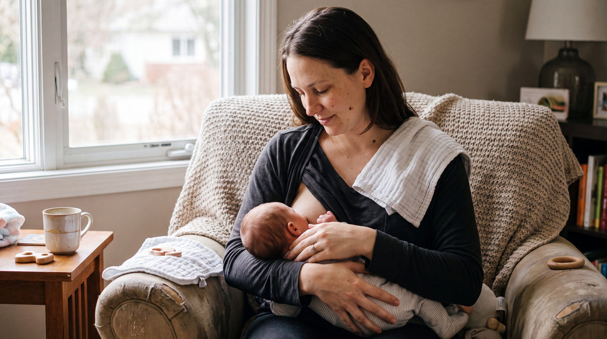 A young postpartum mother sits in a calm, lived-in living room by a window and breastfeeds her newborn, who is latched at her breast, looking down at the baby with a tender, focused expression