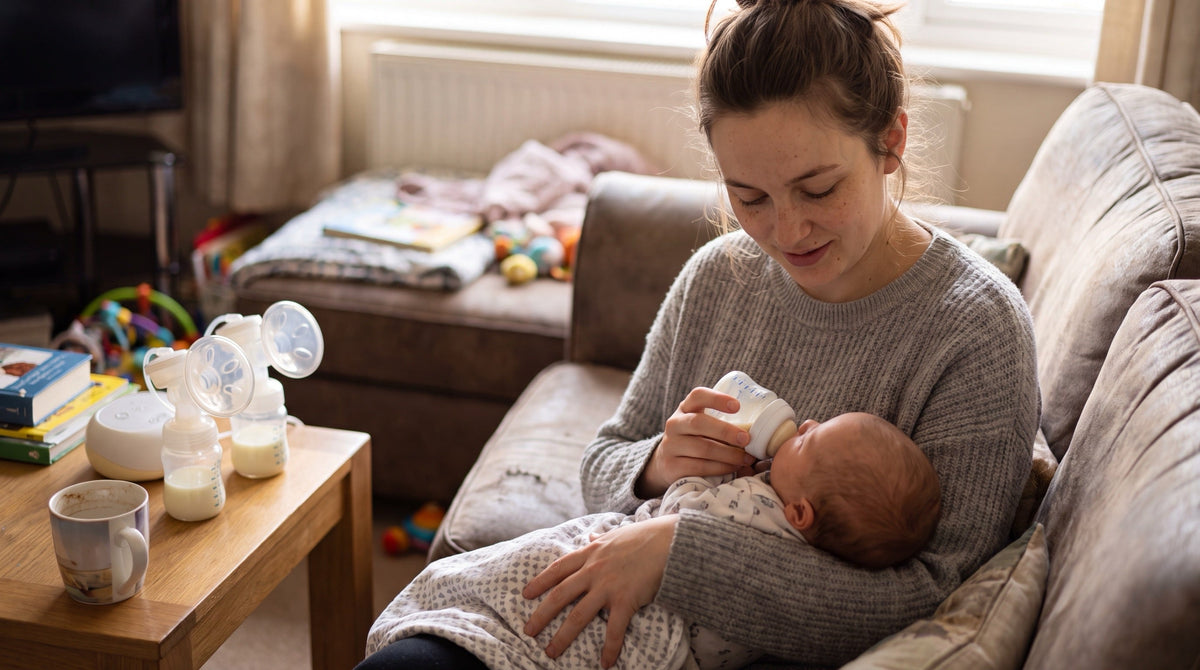 New mother at home tenderly bottle-feeding her baby her own expressed breast milk, with a double breast pump and small bottles of expressed milk on the side table beside her