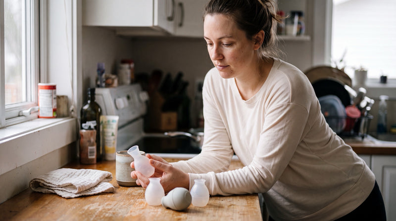 A young postpartum mother standing at her kitchen counter in soft morning light, thoughtfully examining a soft silicone breast-milk collector she holds in one hand, with two more collectors lying on the counter beside a mug and a folded muslin cloth