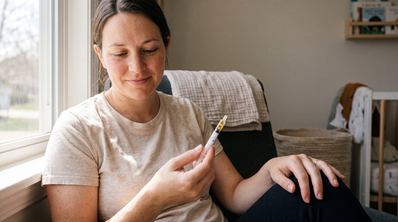 A new mother a few weeks postpartum sits by a sunlit window in a lived-in nursery, calmly looking at a small oral syringe holding a few golden drops of hand-expressed colostrum; fully dressed in a plain oatmeal t-shirt.