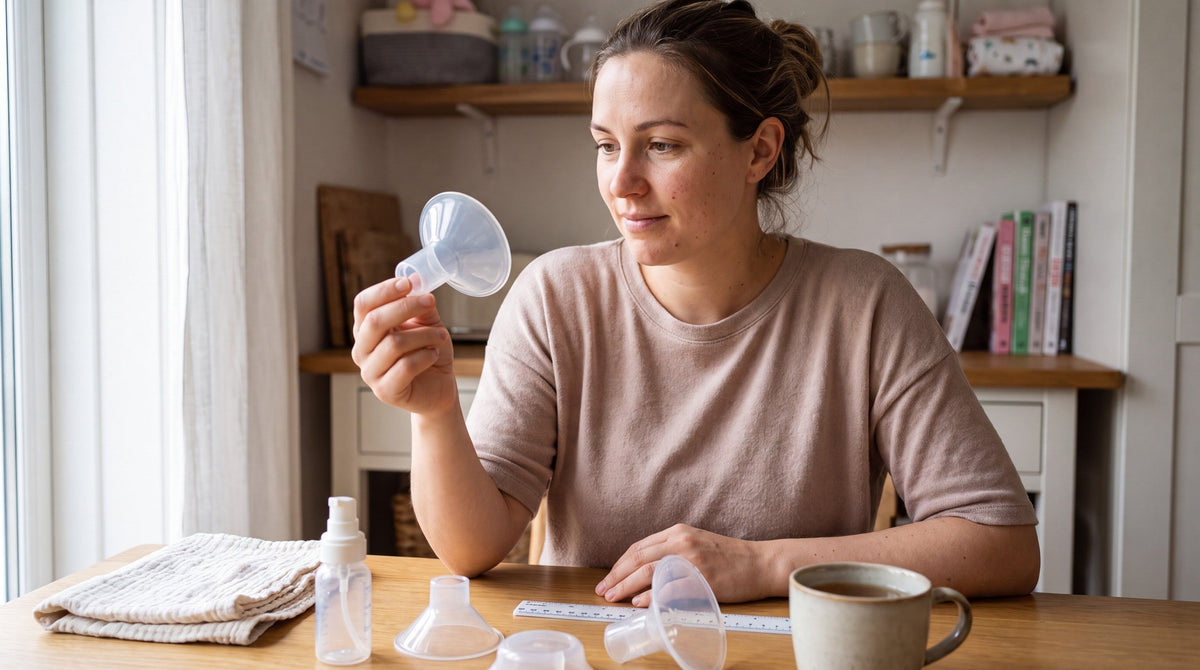 A young mother sits at her kitchen table holding up a clear breast pump flange, examining its size, with two more flanges and a small millimeter ruler on the table