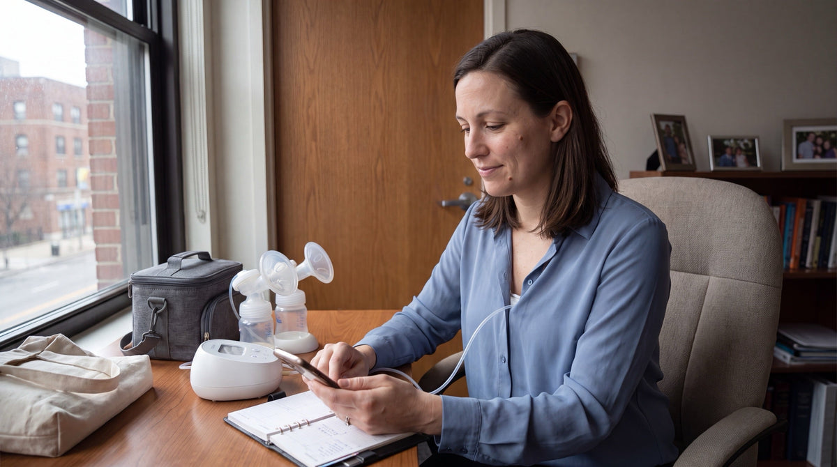 A young mother sitting calmly at a desk in a private office at work, pumping breast milk discreetly with an electric pump, a cooler bag, pump bag and a paper planner on the desk beside her, warm daylight from a window
