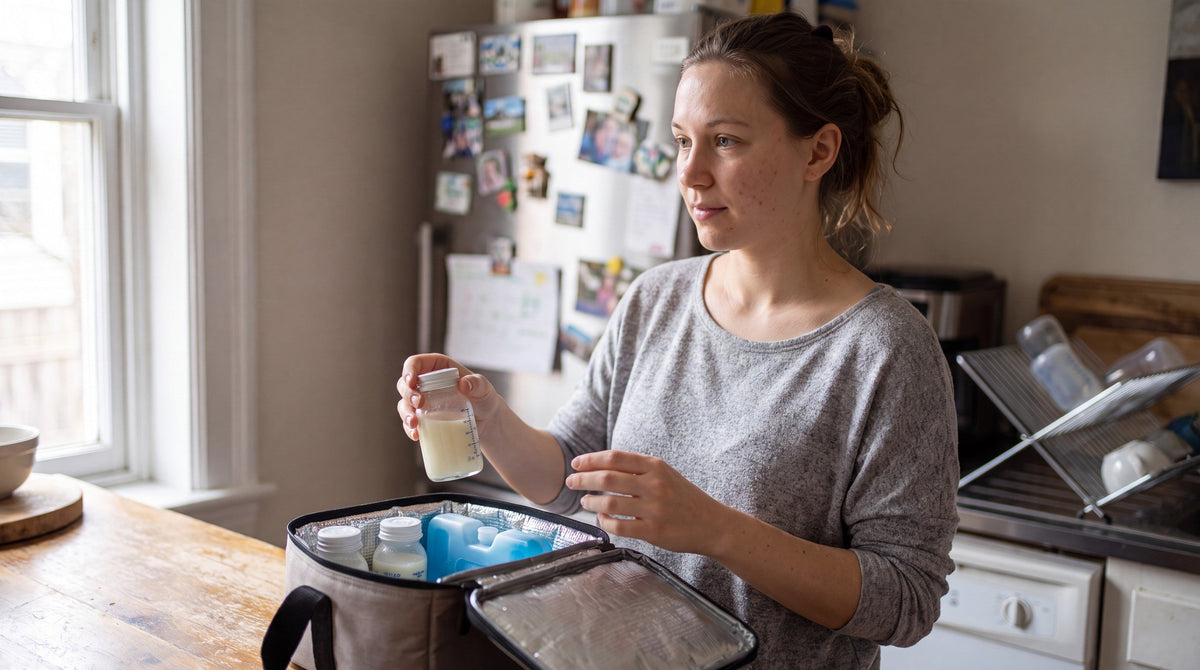 A young mother in a lived-in kitchen holding a bottle of expressed breast milk over an open insulated cooler bag with an ice pack and milk bottles