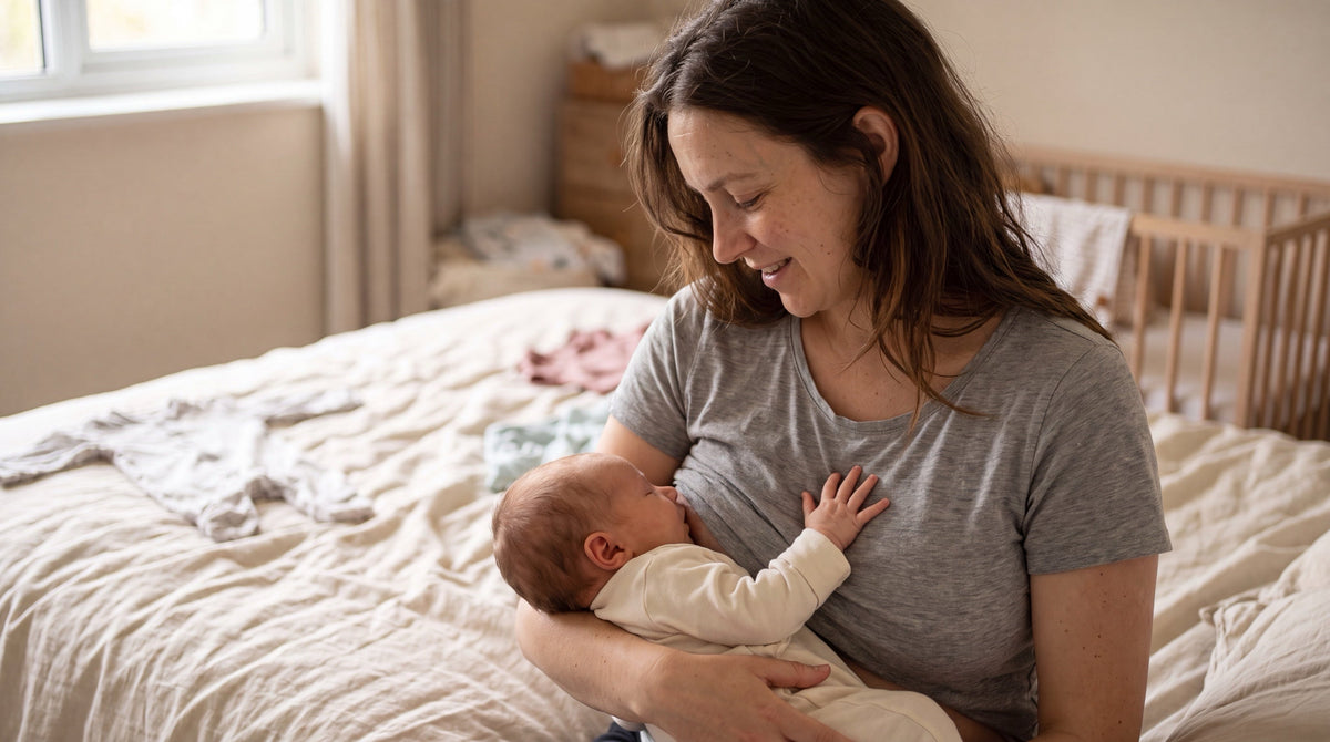 Young mother in soft daylight sitting on an unmade bed, tenderly cradling her content, well-fed newborn against her chest and looking down with quiet reassurance