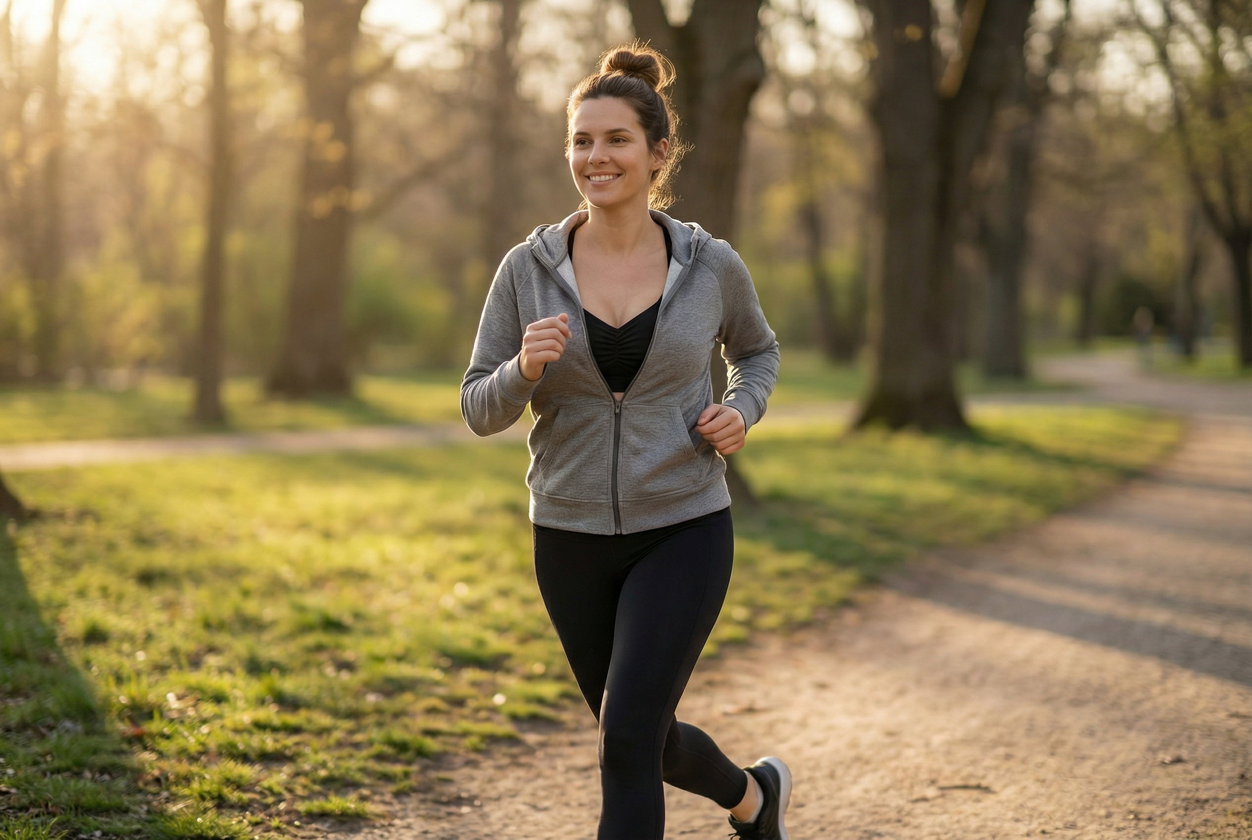 Woman jogging in a park during sunset