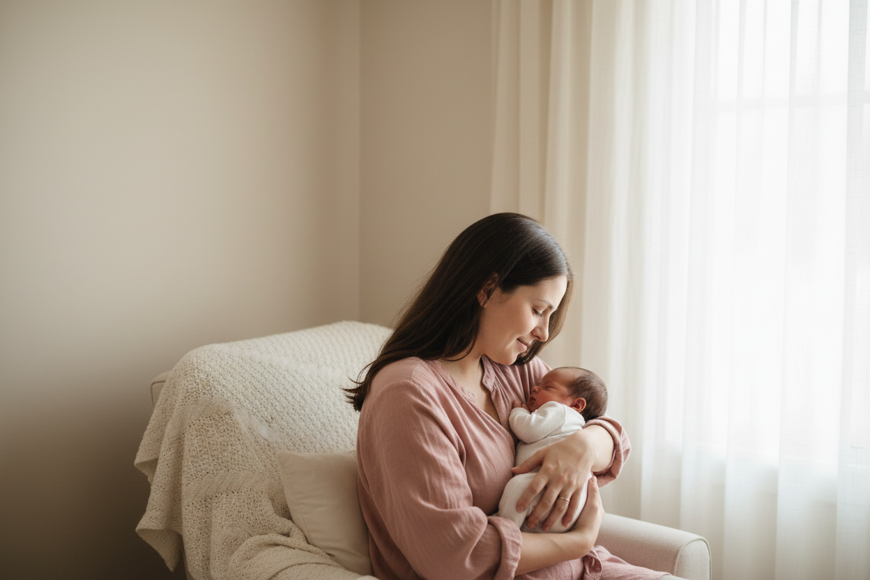 Photograph of a European postpartum mother holding her newborn in a softly lit bedroom during the day. She looks calm and lovingly at the baby. Natural skin tones, warm and quiet atmosphere, minimal background, soft daylight through window, warm ivory and blush tones, plenty of space on the left for text.