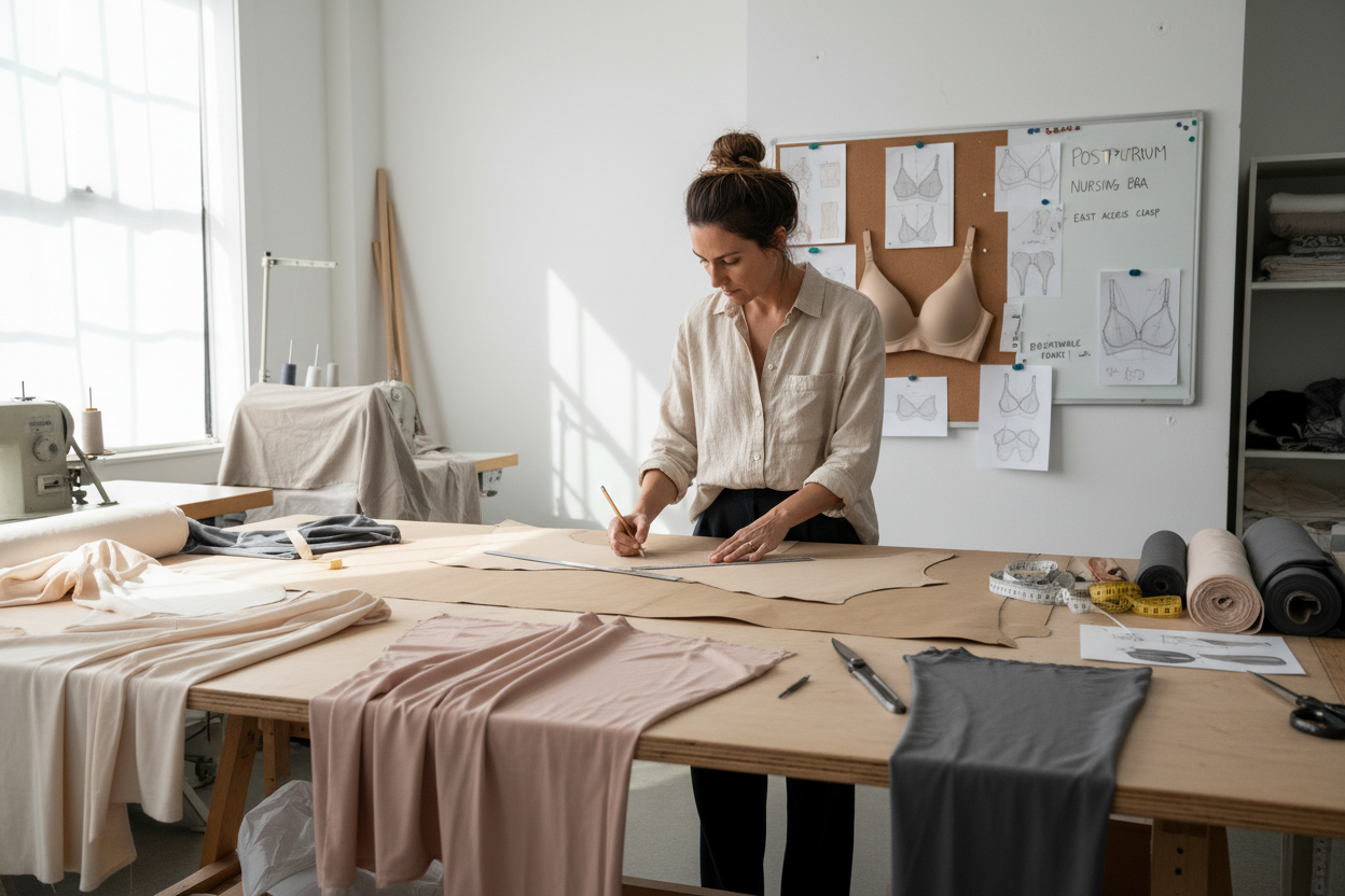 Real photo of a fashion designer developing a postpartum nursing bra. Designer working at a pattern table with fabric, measurement tools and sketches. Focus on technical design process, no glam. Natural daylight, minimal studio interior, soft shadows. Photorealistic premium editorial look. No sexualization, no filters, no retouching or AI artifacts.