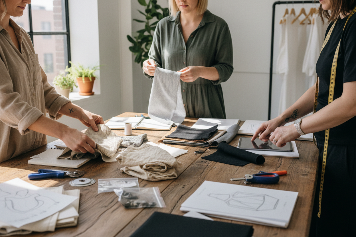Real photo of four postpartum-focused fashion designers comparing fabric swatches and technical materials on a table. Natural daylight, minimal studio, soft shadows. Focus on hands, fabrics, notes and tools. No posing, no glam, no sexualization. Photorealistic premium editorial look, no filters, no retouching or AI artifacts.