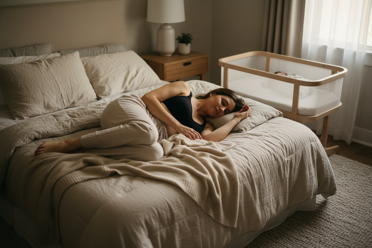 Realistic nighttime scene of a postpartum mother sleeping comfortably in a soft bedroom setting while wearing a black wire free nursing bra. Natural warm bedside light, minimal background, calm expression, newborn sleeping nearby or in a bassinet. Focus on comfort, rest and dryness with no leakage visible. Premium soft textures, neutral tones, true to life postpartum moment.
