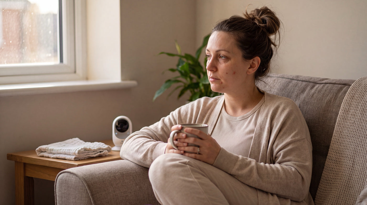 Woman resting her hand flat against her chest, sitting at the kitchen table in the early morning