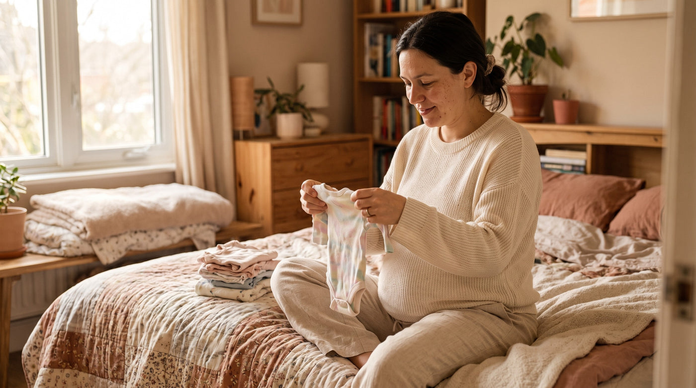 Pregnant woman in the third trimester folding a small pile of baby clothes on the bed
