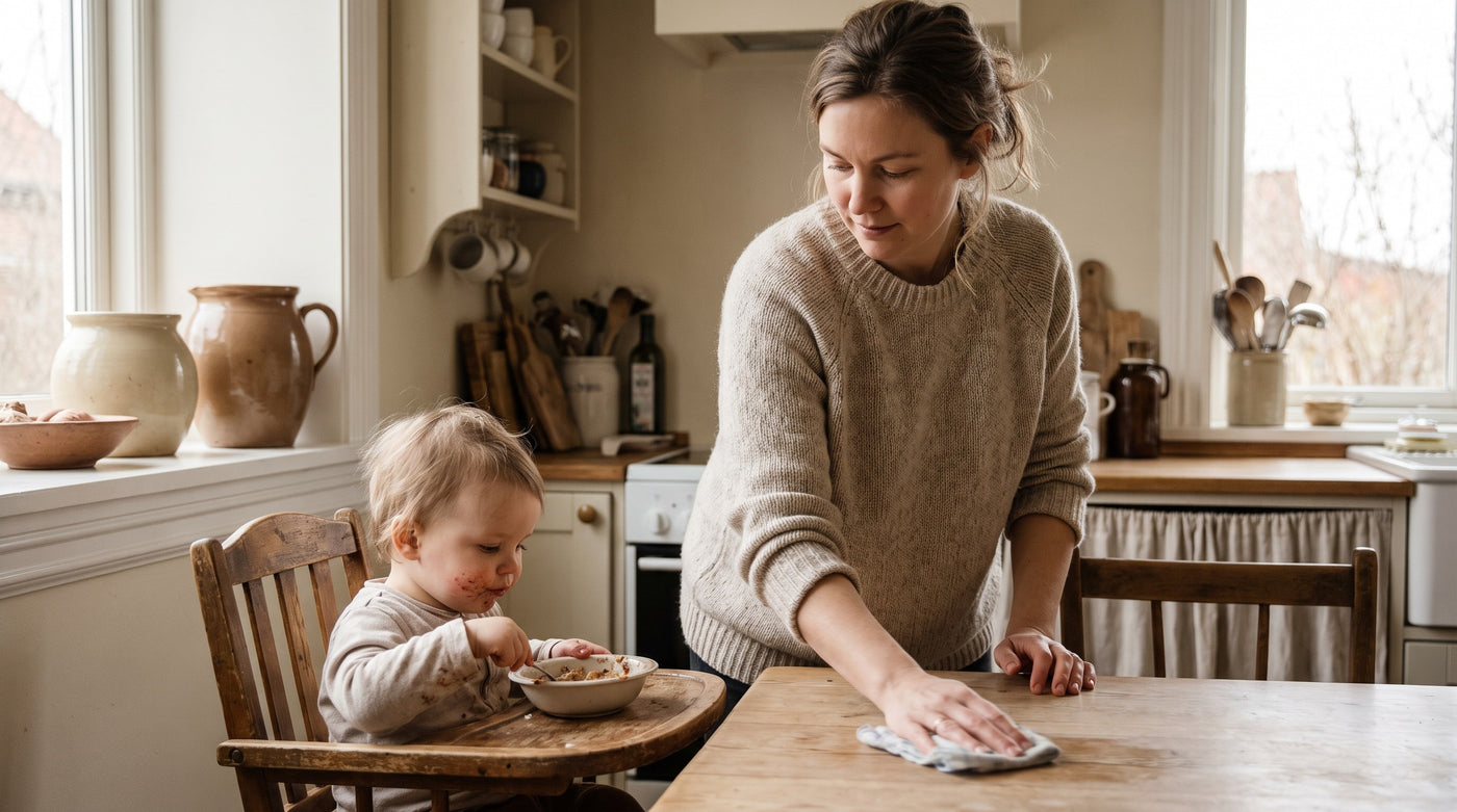 Toddler sitting in a high chair with a bowl of food while the mother clears the table