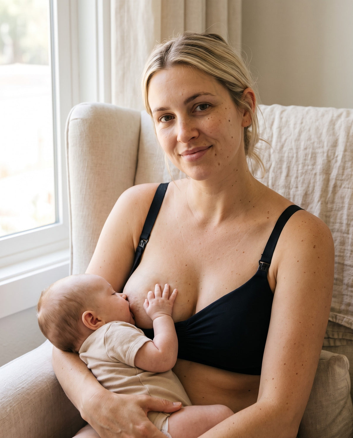 Mother feeding her baby in the Vemorina nursing bra, the cup hanging open on the released clip.