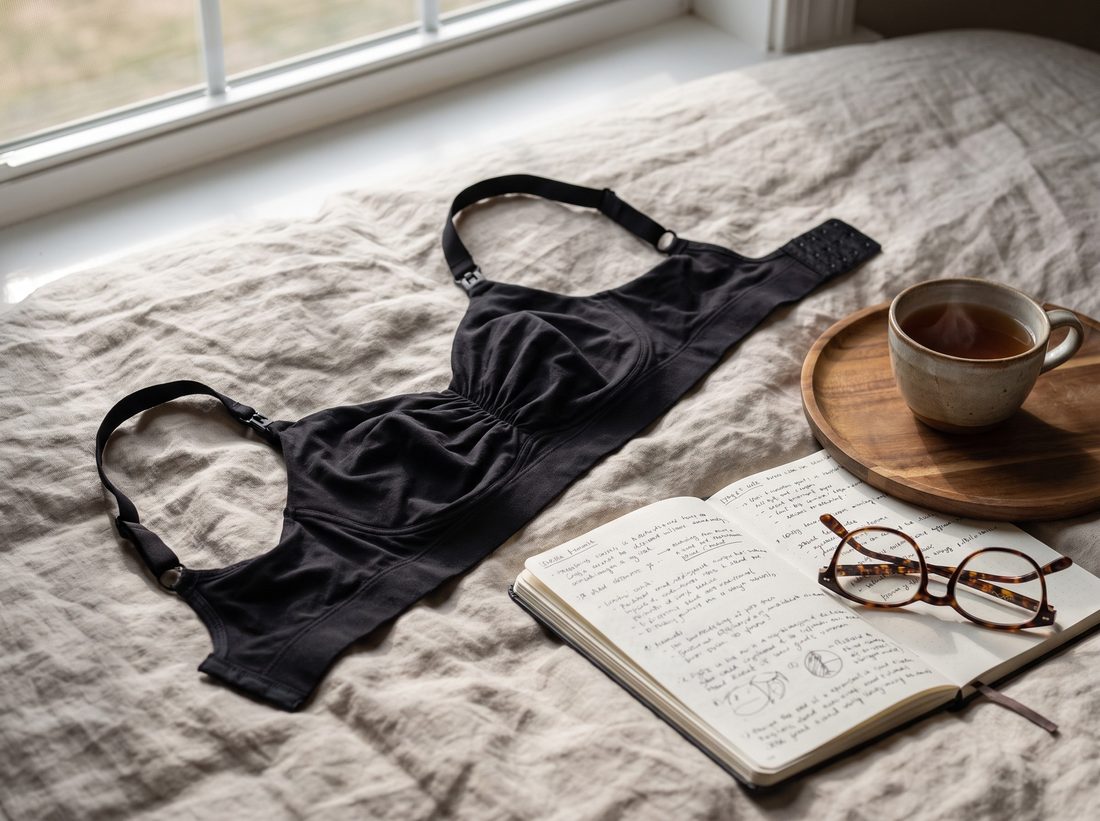 Ein Still-BH, ein Buch und eine Tasse Tee auf dem Bett